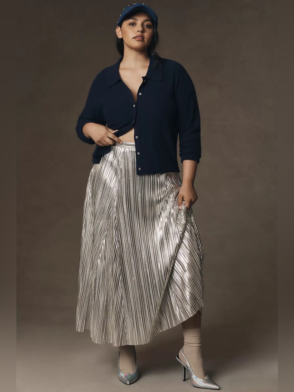 Maeve Anthropologie Silver Metallic Pleated Midi Skirt Size 12 Party Statement